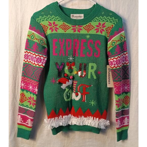 No Boundaries Christmas Sweater XS Green - Picture 1 of 5